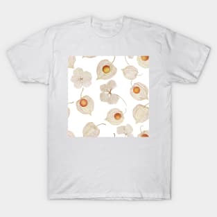 Autumn Physalis, Cape gooseberry dry flowers watercolor pattern.  Golden berry structure. Delicate floral print T-Shirt